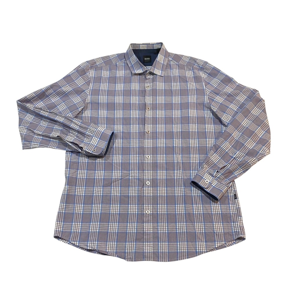 Hugo Boss Regular Fit Plaid Button Down Shirt Mens Large Blue Purple Long Sleeve
